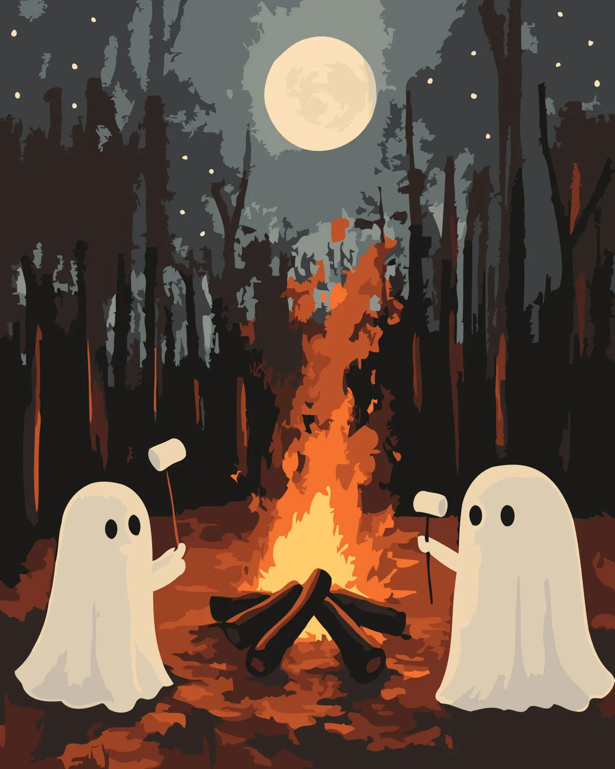 Cute ghosts roasting marshmallows by a campfire under full moon