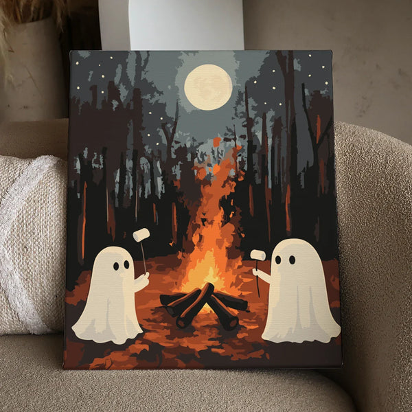 Cute ghosts roasting marshmallows by a campfire under full moon