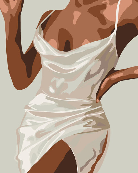 Stylized painting of a woman in a silky white dress