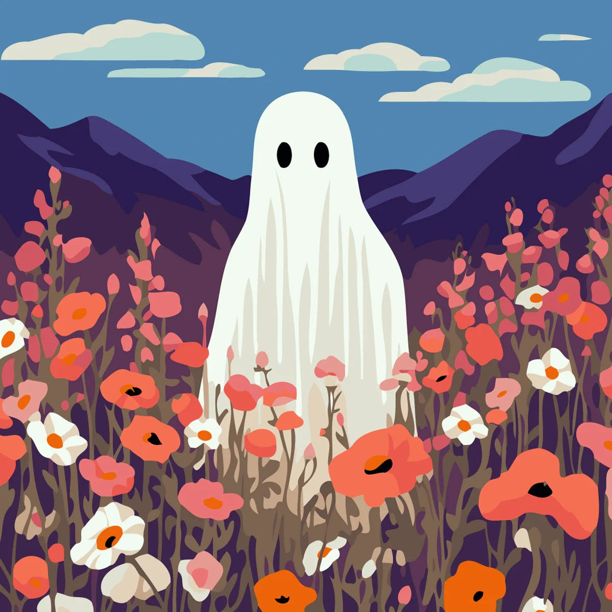 Ghost figure standing in a colorful flower field with mountains