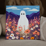 Ghost figure standing in a colorful flower field with mountains