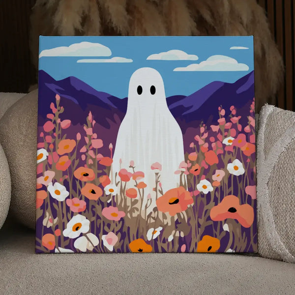 Ghost figure standing in a colorful flower field with mountains