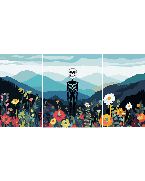 Skeleton standing in a colorful wildflower field with mountain backdrop