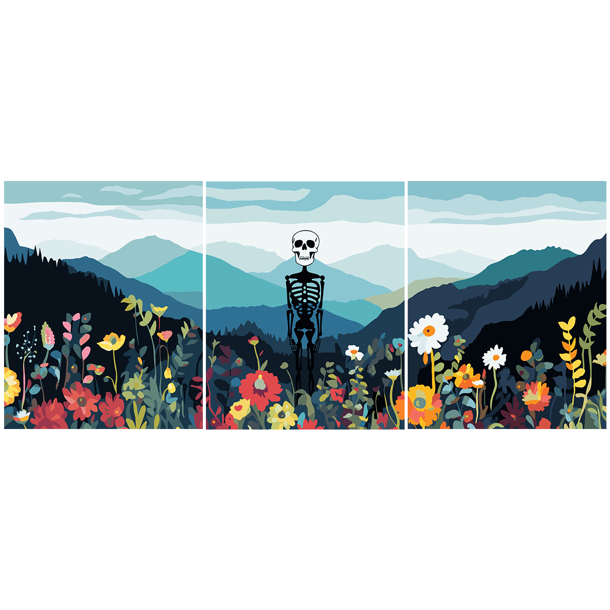 Skeleton standing in a colorful wildflower field with mountain backdrop