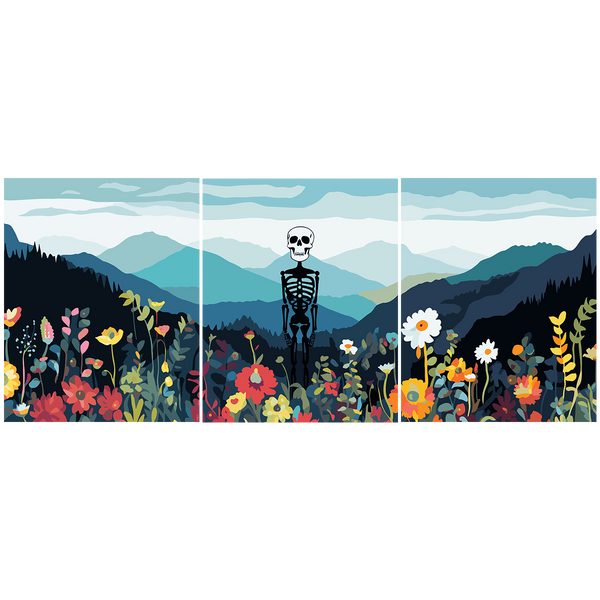 Skeleton standing in a colorful wildflower field with mountain backdrop