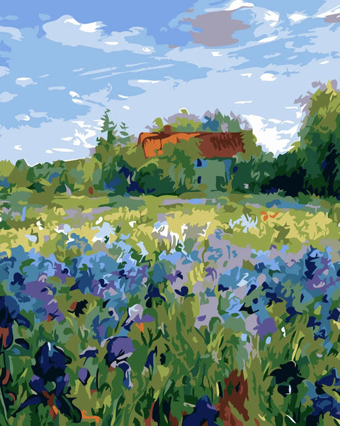 Impressionist painting of a vibrant wildflower field with a farmhouse