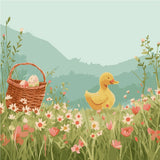 Cute yellow duckling in a flower meadow with Easter basket