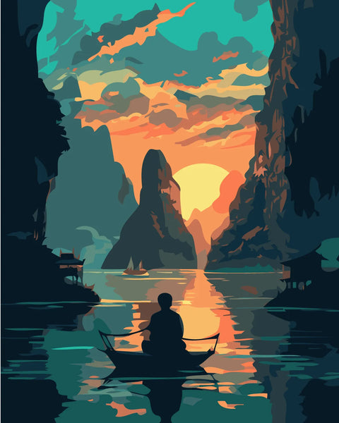 Silhouetted person rowing a boat through cliffs at sunset