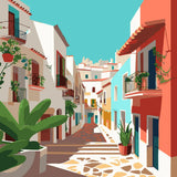 Colorful Mediterranean street with vibrant buildings and lush greenery