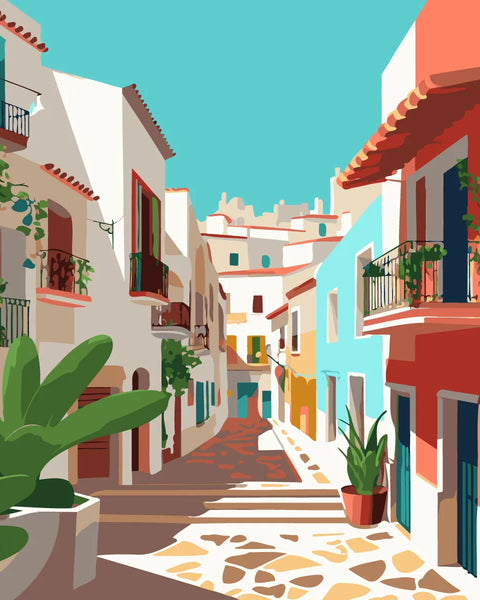 Colorful Mediterranean street with vibrant buildings and lush greenery