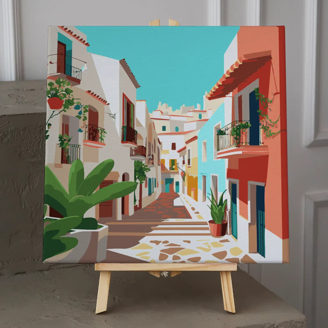 Colorful Mediterranean street with vibrant buildings and lush greenery