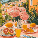 Vibrant Mediterranean breakfast scene with citrus fruits and flowers