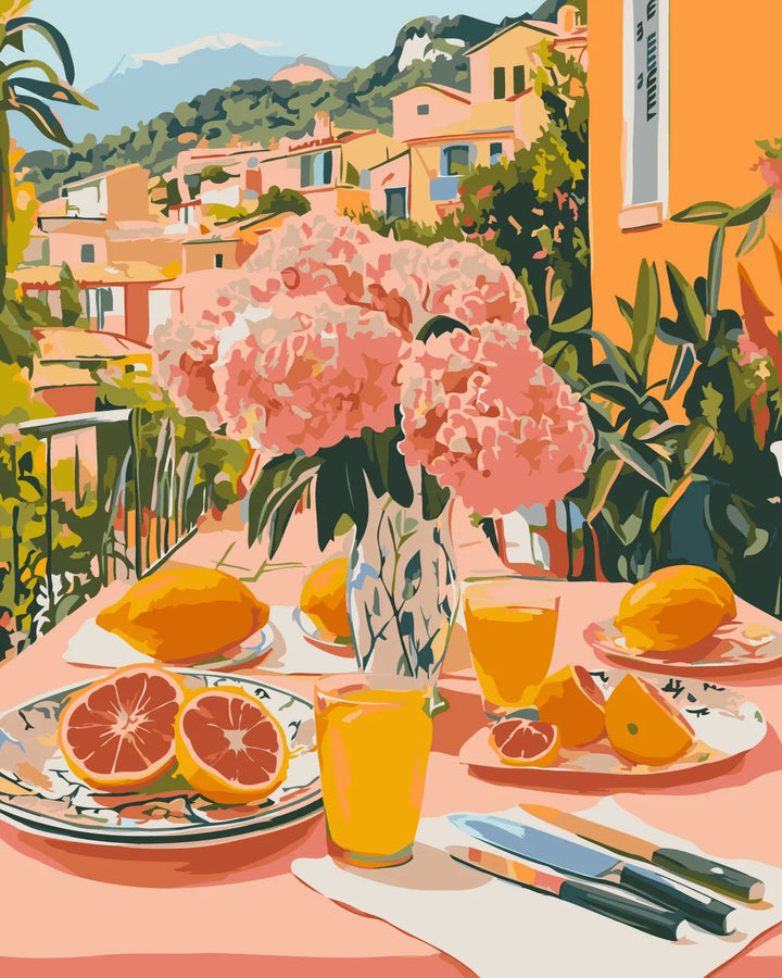 Vibrant Mediterranean breakfast scene with citrus fruits and flowers