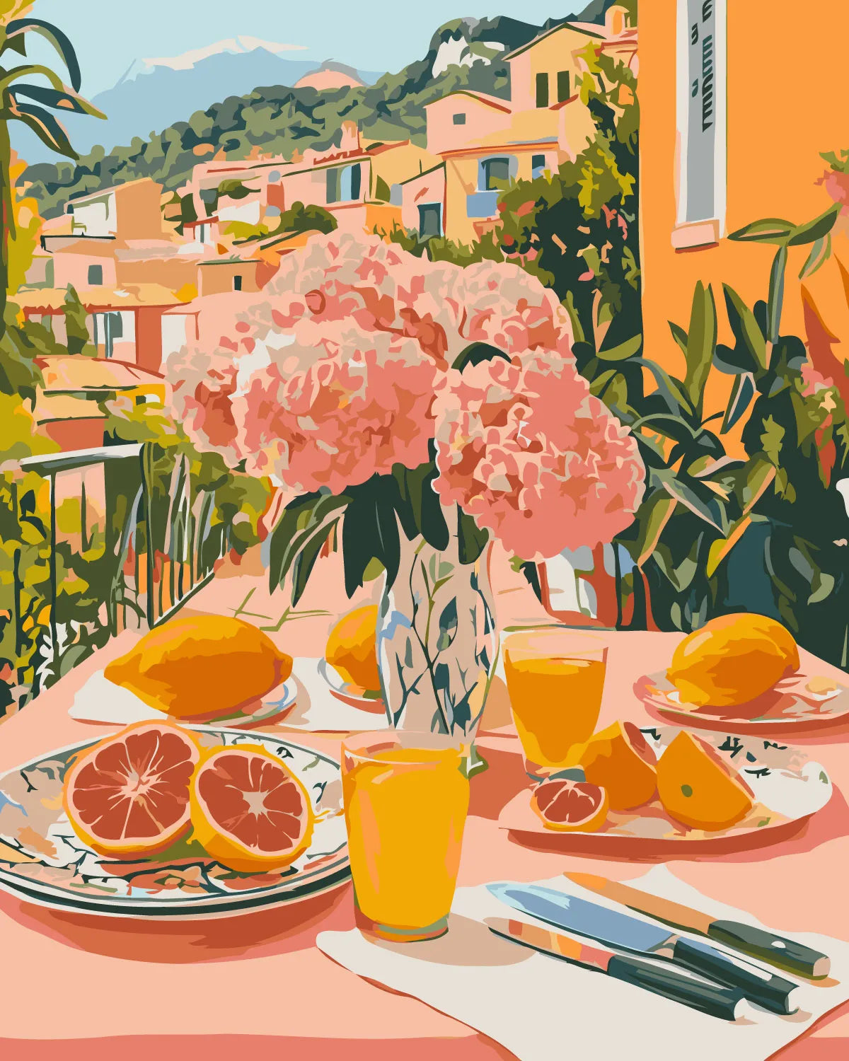 Vibrant Mediterranean breakfast scene with citrus fruits and flowers