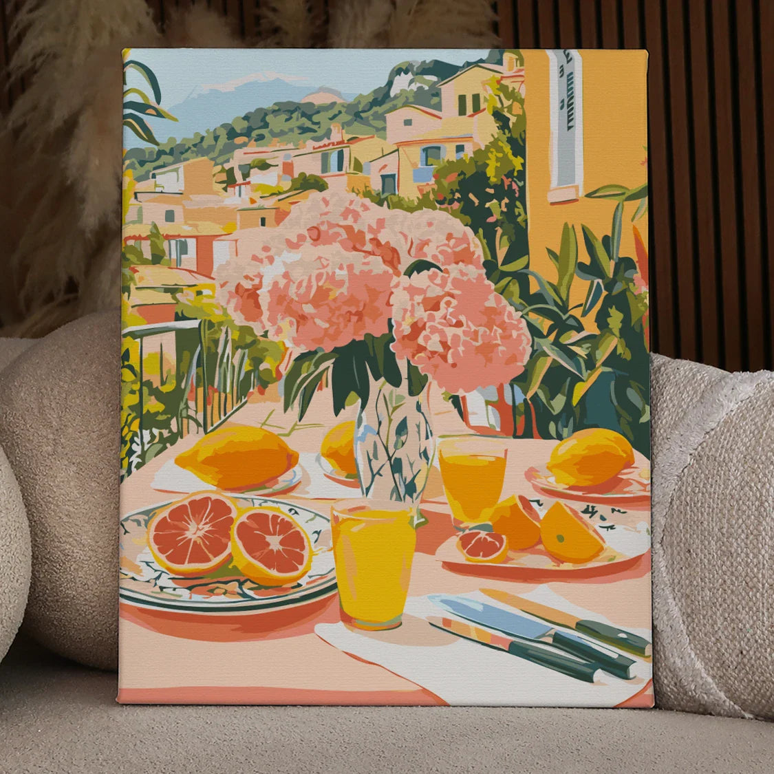 Vibrant Mediterranean breakfast scene with citrus fruits and flowers
