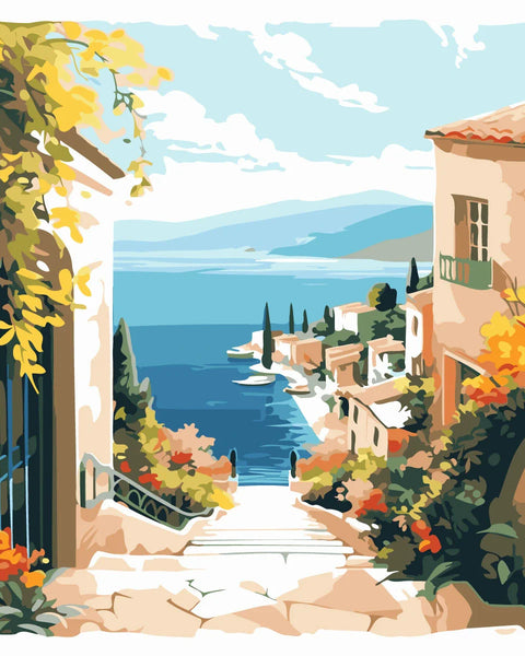 Scenic Mediterranean coastal village with blue sea and lush greenery