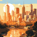 Artistic painting of Melbourne skyline with river and sunset reflections