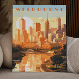 Artistic painting of Melbourne skyline with river and sunset reflections
