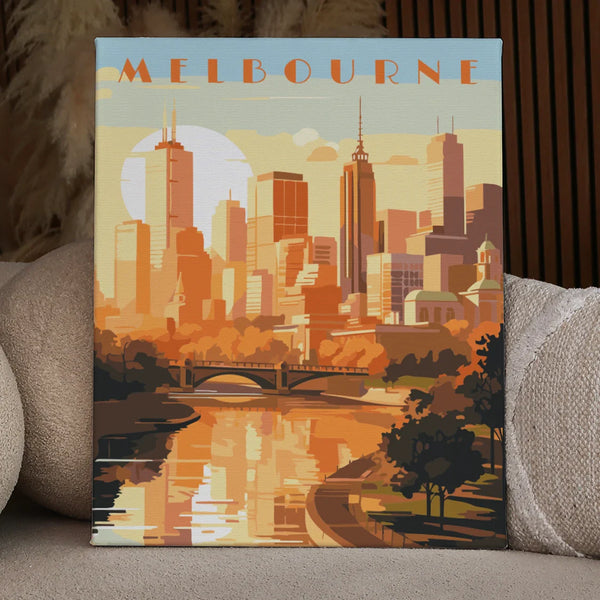 Artistic painting of Melbourne skyline with river and sunset reflections