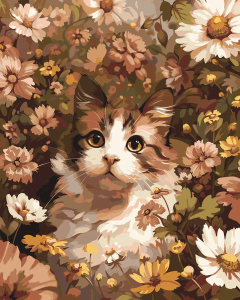 Realistic painting of a fluffy cat surrounded by blooming flowers