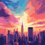 Vibrant digital painting of a city skyline at sunset