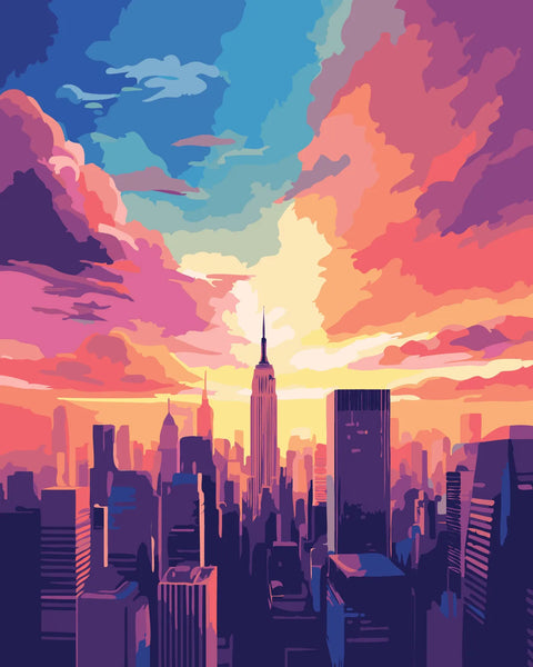 Vibrant digital painting of a city skyline at sunset