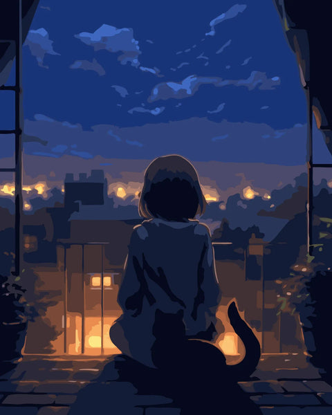 Silhouetted girl and cat watching city lights from balcony at night