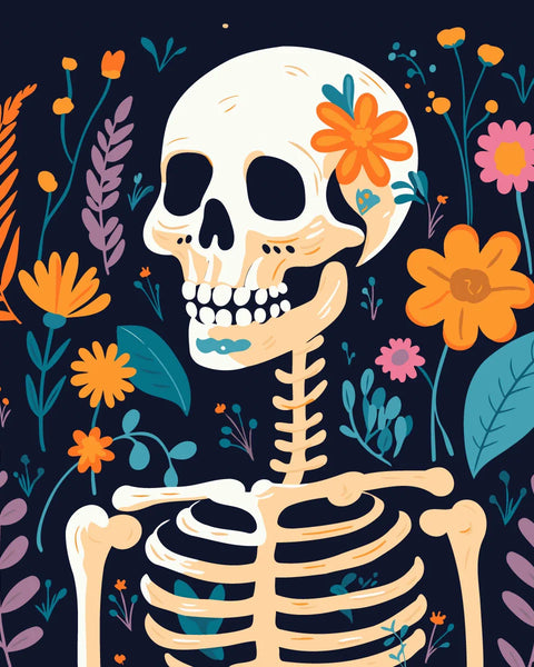 Colorful illustrated skeleton surrounded by vibrant flowers on dark background
