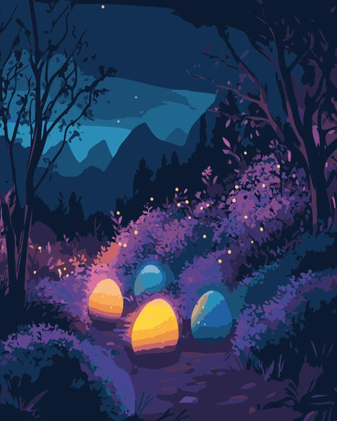 Midnight Hunt Easter Paint by Numbers Kit featuring a glowing forest scene with illuminated Easter eggs and a moonlit mountain backdrop.
