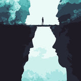 Mind Bridge Paint by Numbers Kit featuring a surreal bridge connecting two abstract faces with a figure standing in between.