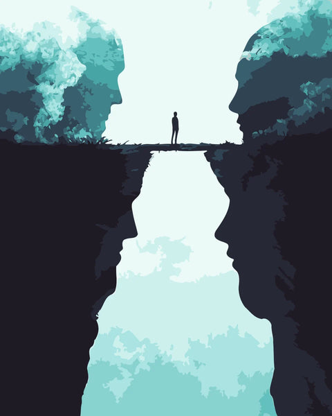 Mind Bridge Paint by Numbers Kit featuring a surreal bridge connecting two abstract faces with a figure standing in between.