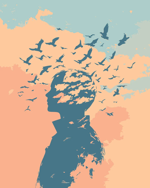 Mind Flight Paint by Numbers Kit featuring a silhouette dissolving into birds soaring through soft pastel skies.