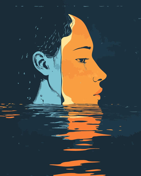 Mirror Mind Paint by Numbers Kit featuring a reflective portrait with contrasting blue and orange hues over water.