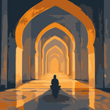 A solitary figure sits in quiet reflection under golden arches, bathed in warm light, symbolizing peace and spirituality in the Moments of Peace paint by numbers kit.