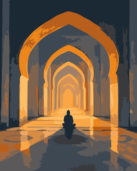 A solitary figure sits in quiet reflection under golden arches, bathed in warm light, symbolizing peace and spirituality in the Moments of Peace paint by numbers kit.