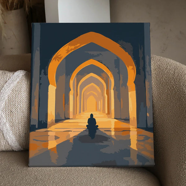 A solitary figure sits in quiet reflection under golden arches, bathed in warm light, symbolizing peace and spirituality in the Moments of Peace paint by numbers kit.