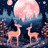 Whimsical painting of two deer in a forest under a pink moon