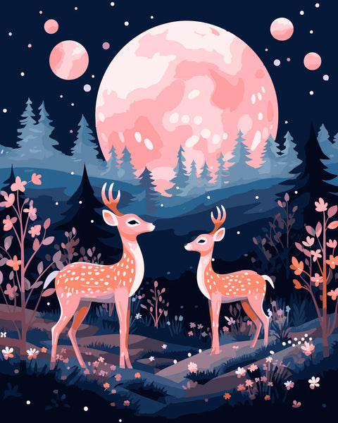 Whimsical painting of two deer in a forest under a pink moon