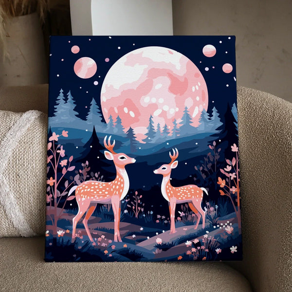 Whimsical painting of two deer in a forest under a pink moon