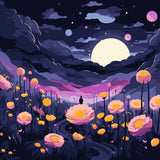 Surreal painting of a person in a glowing moonlit flower field