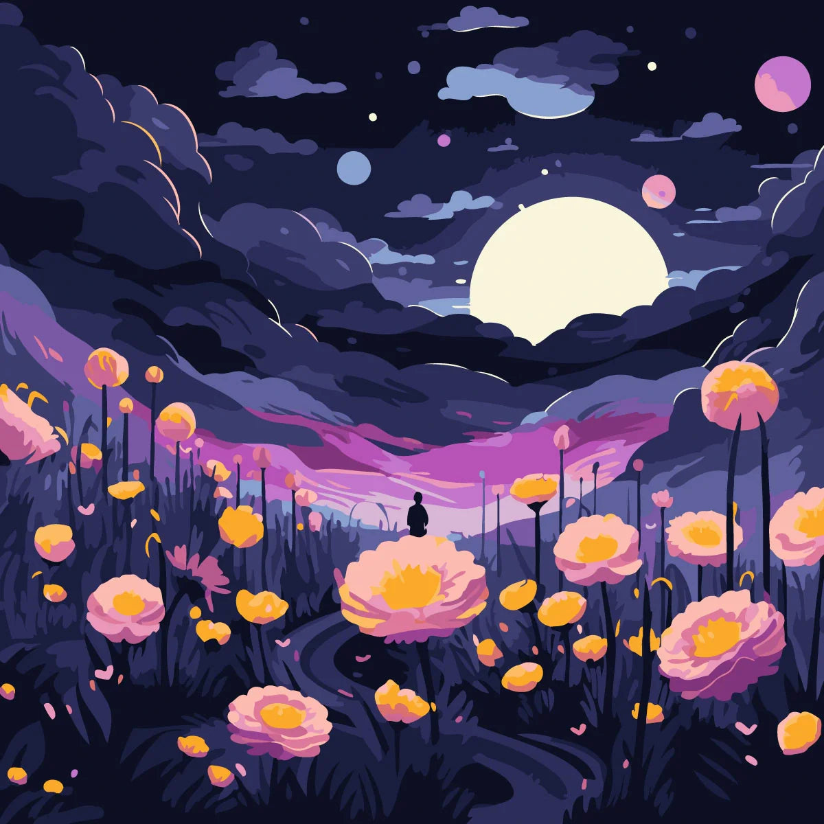 Surreal painting of a person in a glowing moonlit flower field