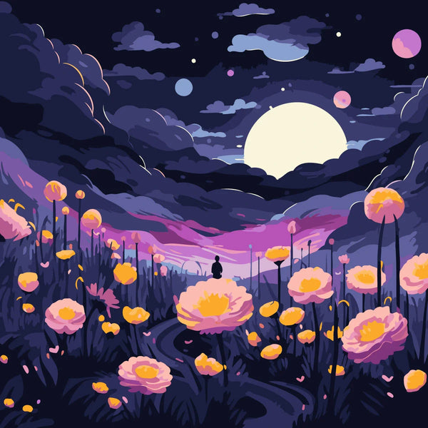 Surreal painting of a person in a glowing moonlit flower field