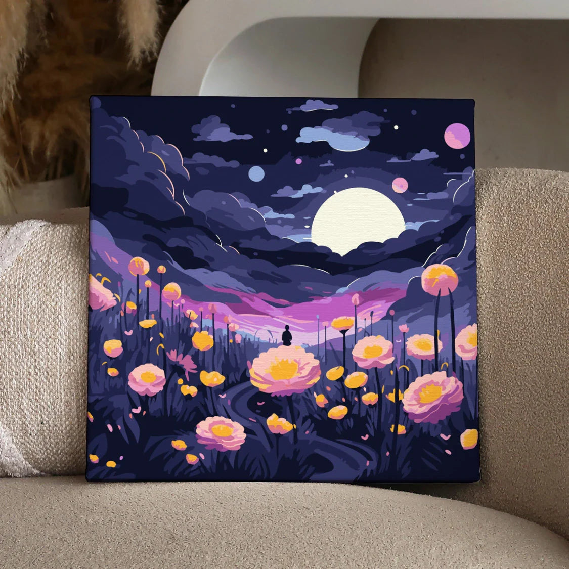 Surreal painting of a person in a glowing moonlit flower field