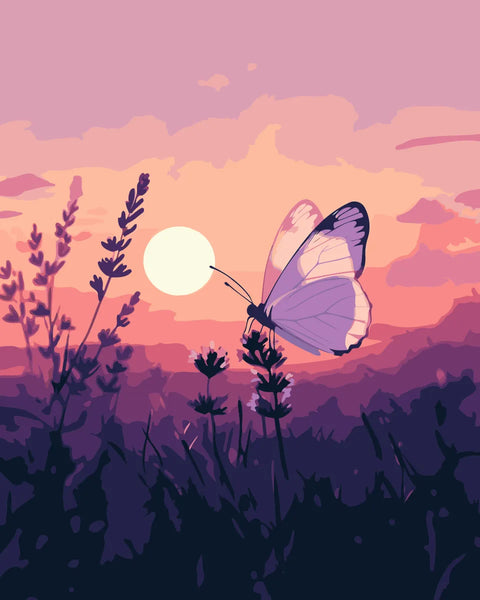 A delicate butterfly rests on a lavender stem, illuminated by the soft glow of the moon at sunset, creating a tranquil and dreamy atmosphere.