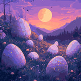 Moonlit Hatch Paint by Numbers Kit featuring glowing eggs in a mystical meadow under a golden full moon, surrounded by dreamy twilight hues.