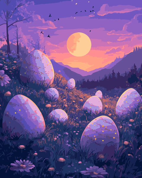 Moonlit Hatch Paint by Numbers Kit featuring glowing eggs in a mystical meadow under a golden full moon, surrounded by dreamy twilight hues.