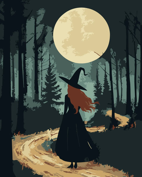 Mysterious witch walking through a dark forest under a full moon