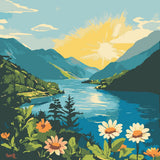 Scenic mountain lake painting with vibrant flowers and sunrise