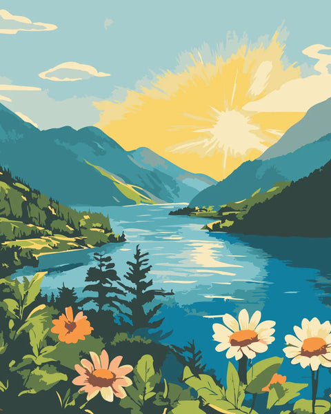 Scenic mountain lake painting with vibrant flowers and sunrise