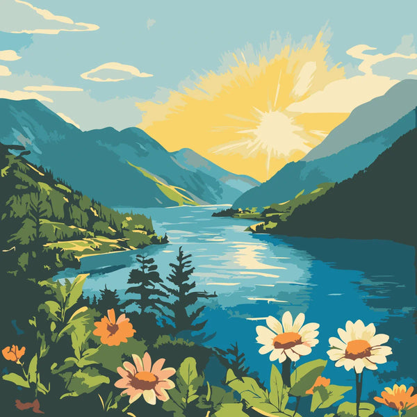 Scenic mountain lake painting with vibrant flowers and sunrise